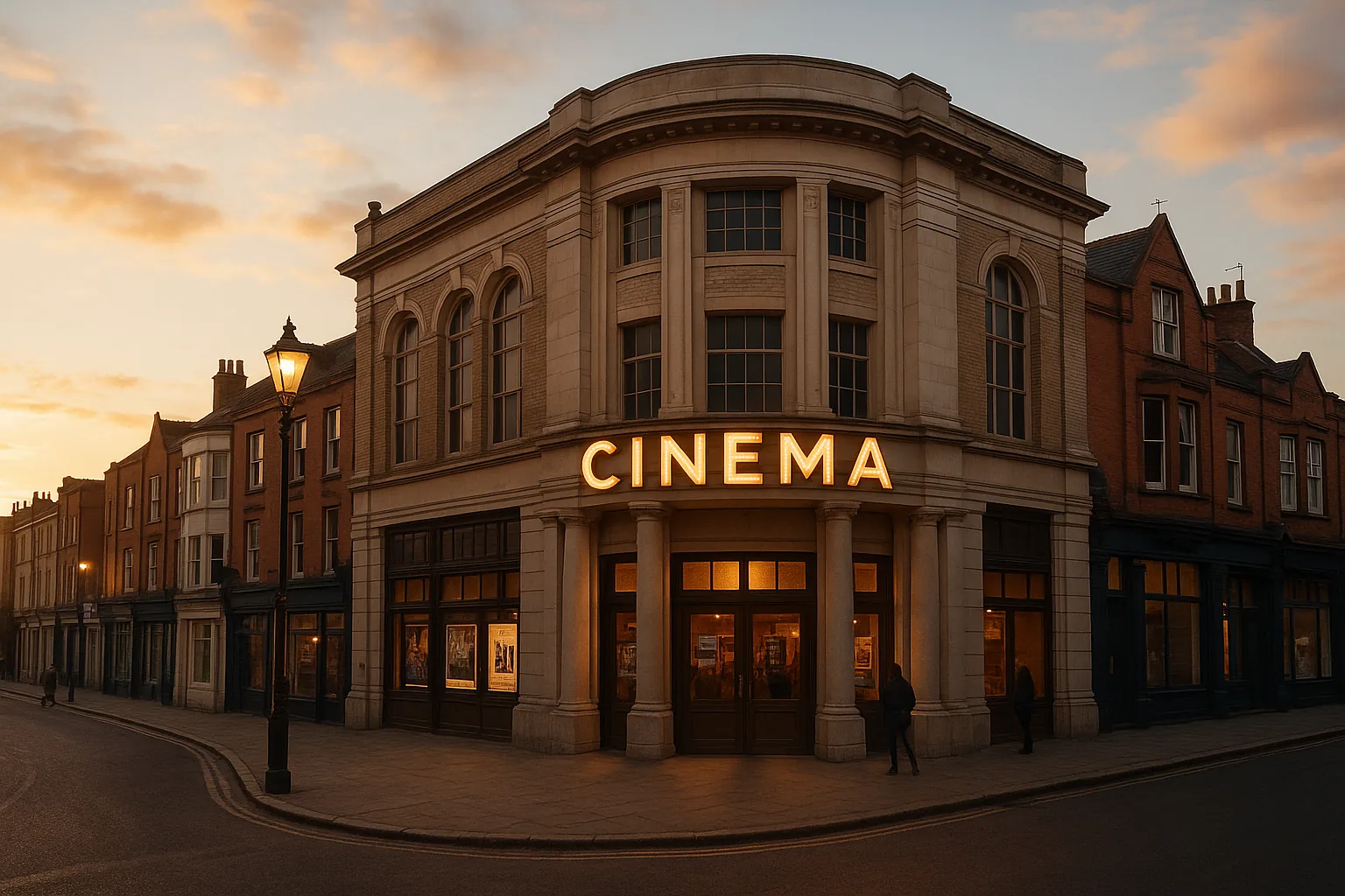 Vintage cinema glowing at sunset