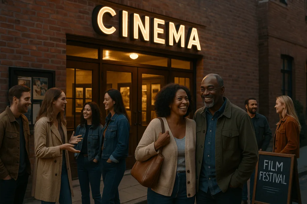 People gathering outside local cinema festival.
