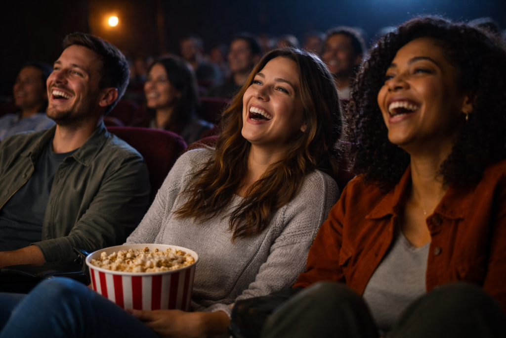 Audience laughing together in a cinema