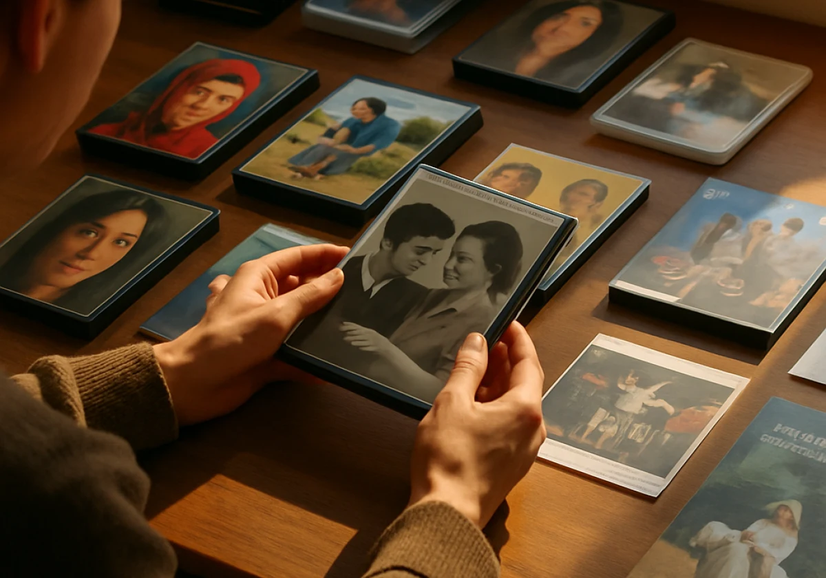 Film programmer examining international cinema DVDs and festival
