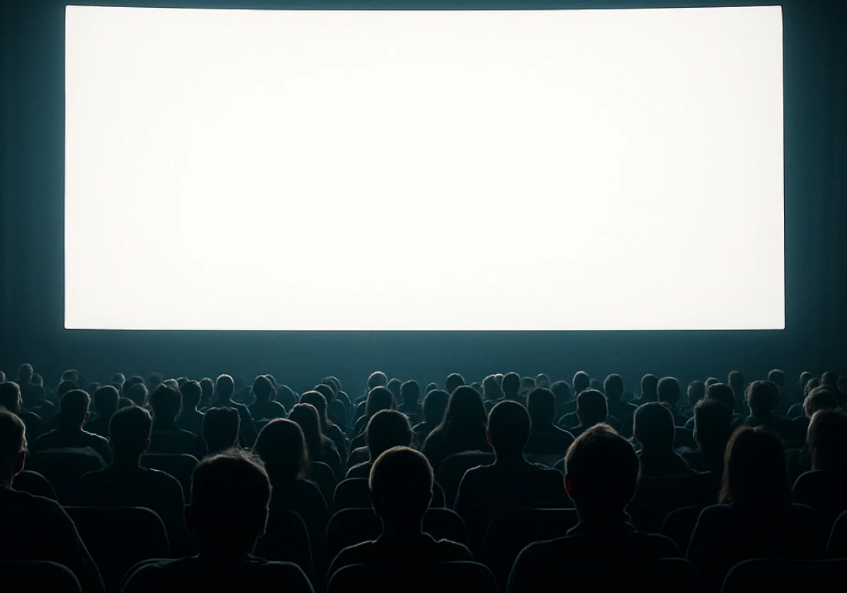 Full cinema auditorium with rows of audience members silhouetted