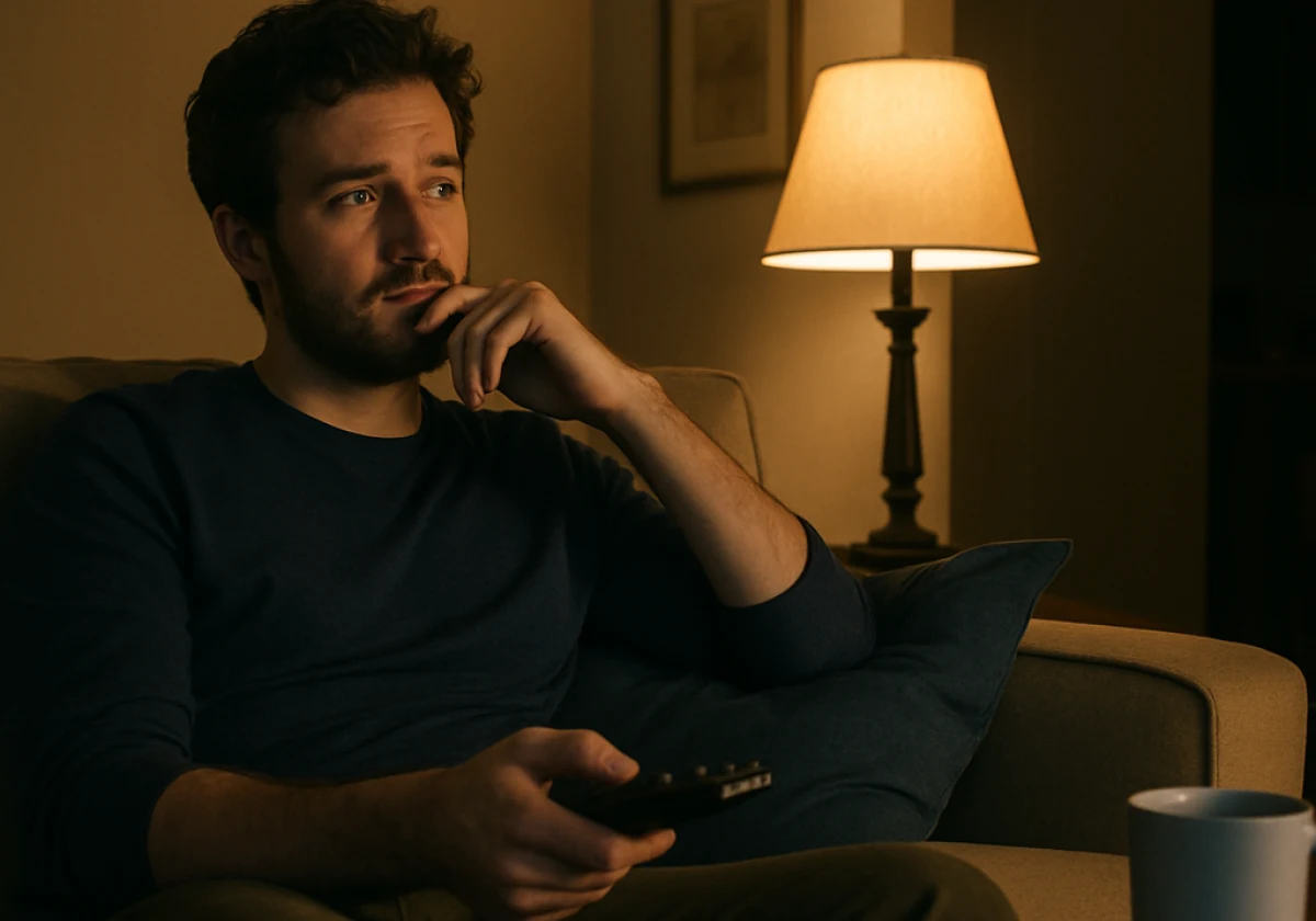 Person reclining on a comfortable sofa late at night