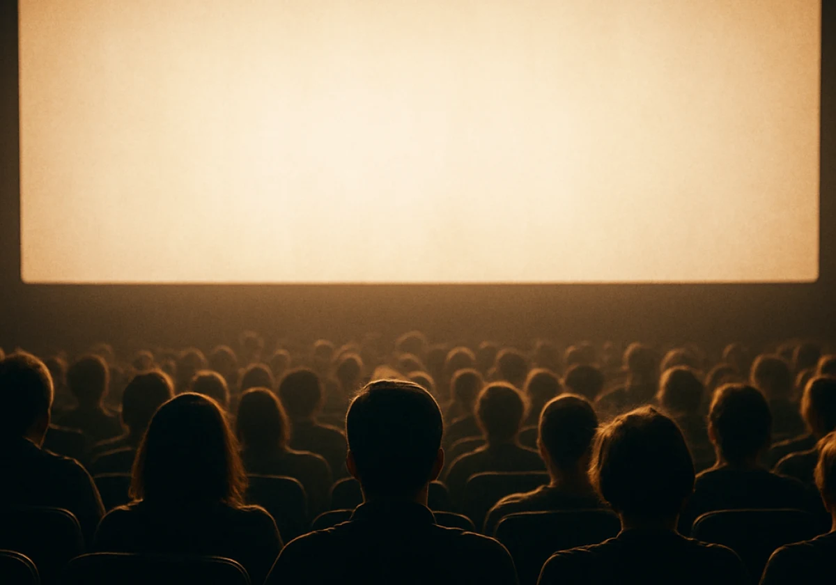 Photograph from behind rows of cinema-goers silhouetted