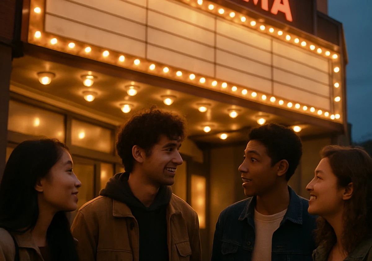Small group of friends standing outside a cinema in evening dusk