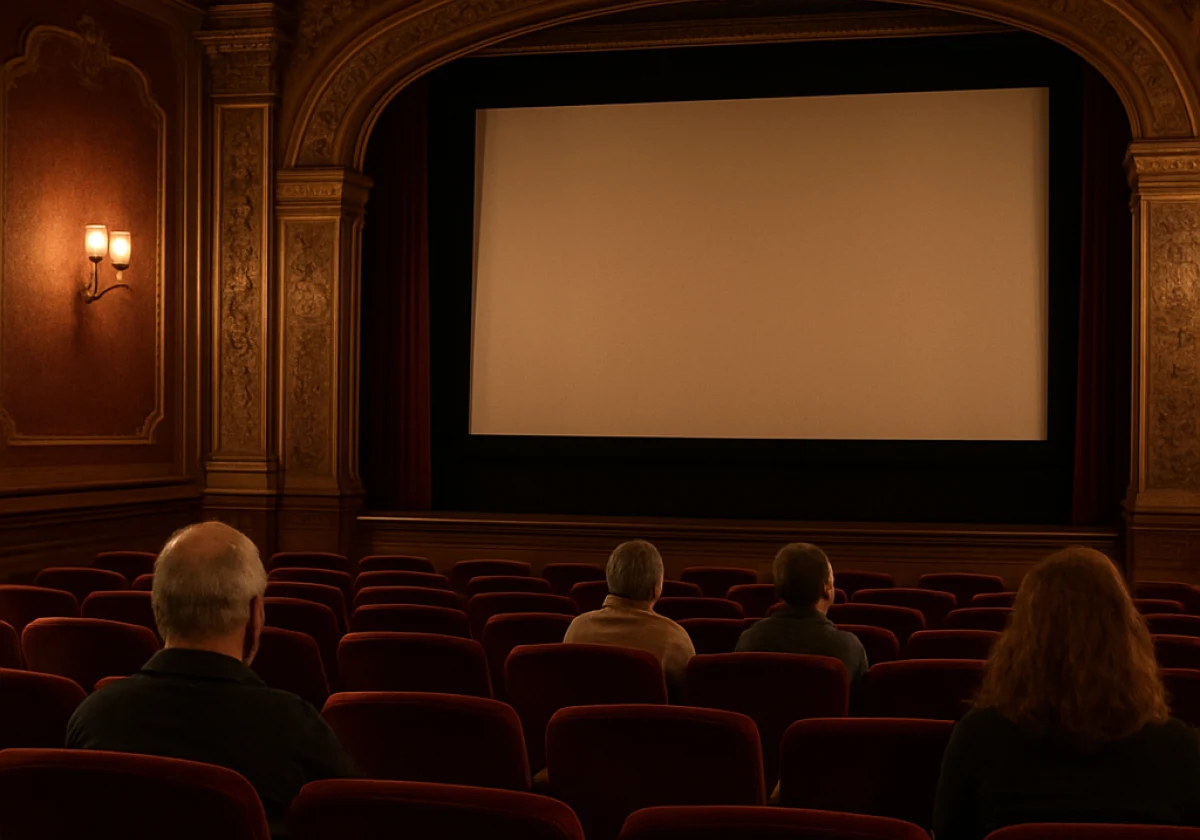 Small independent cinema auditorium with burgundy velvet seats