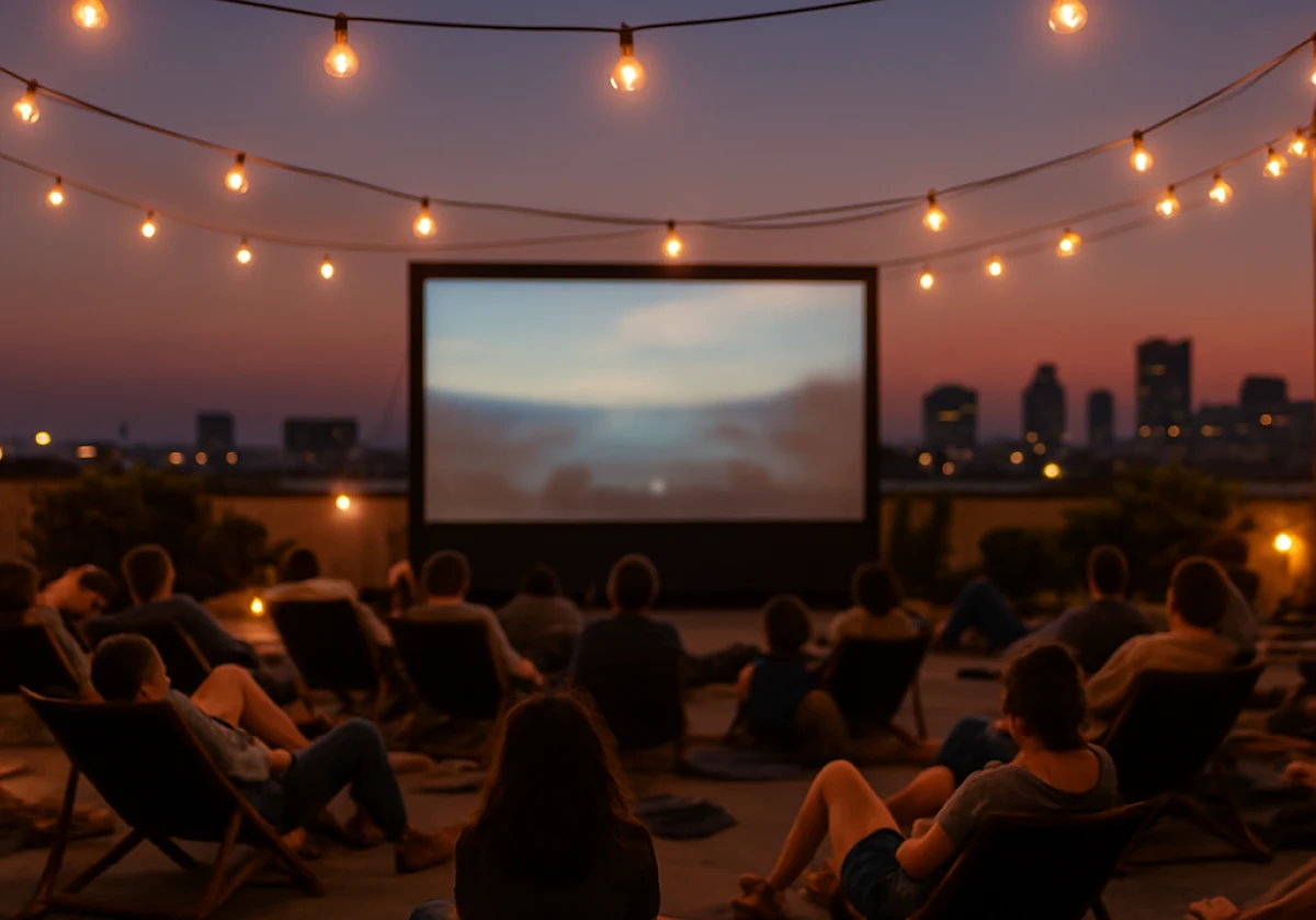 Summer evening outdoor rooftop cinema scene at dusk