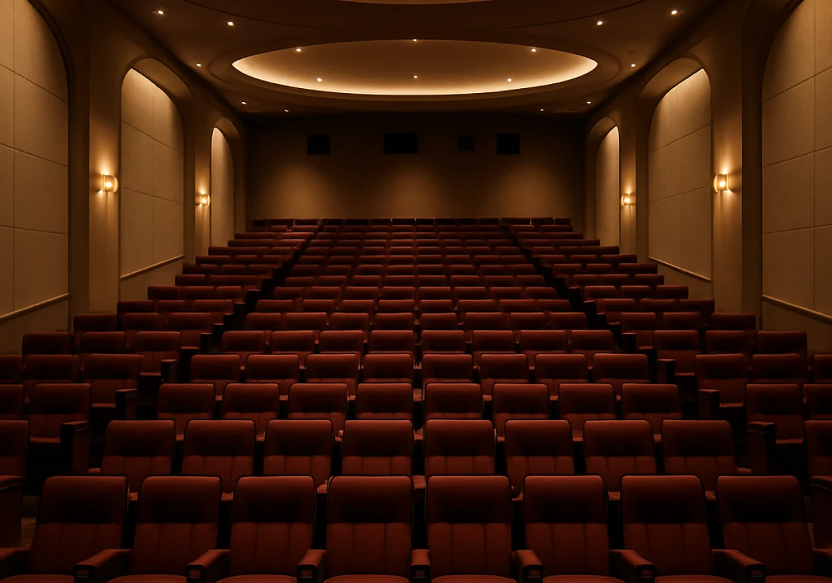 Wide interior photograph of an empty luxury cinema auditorium